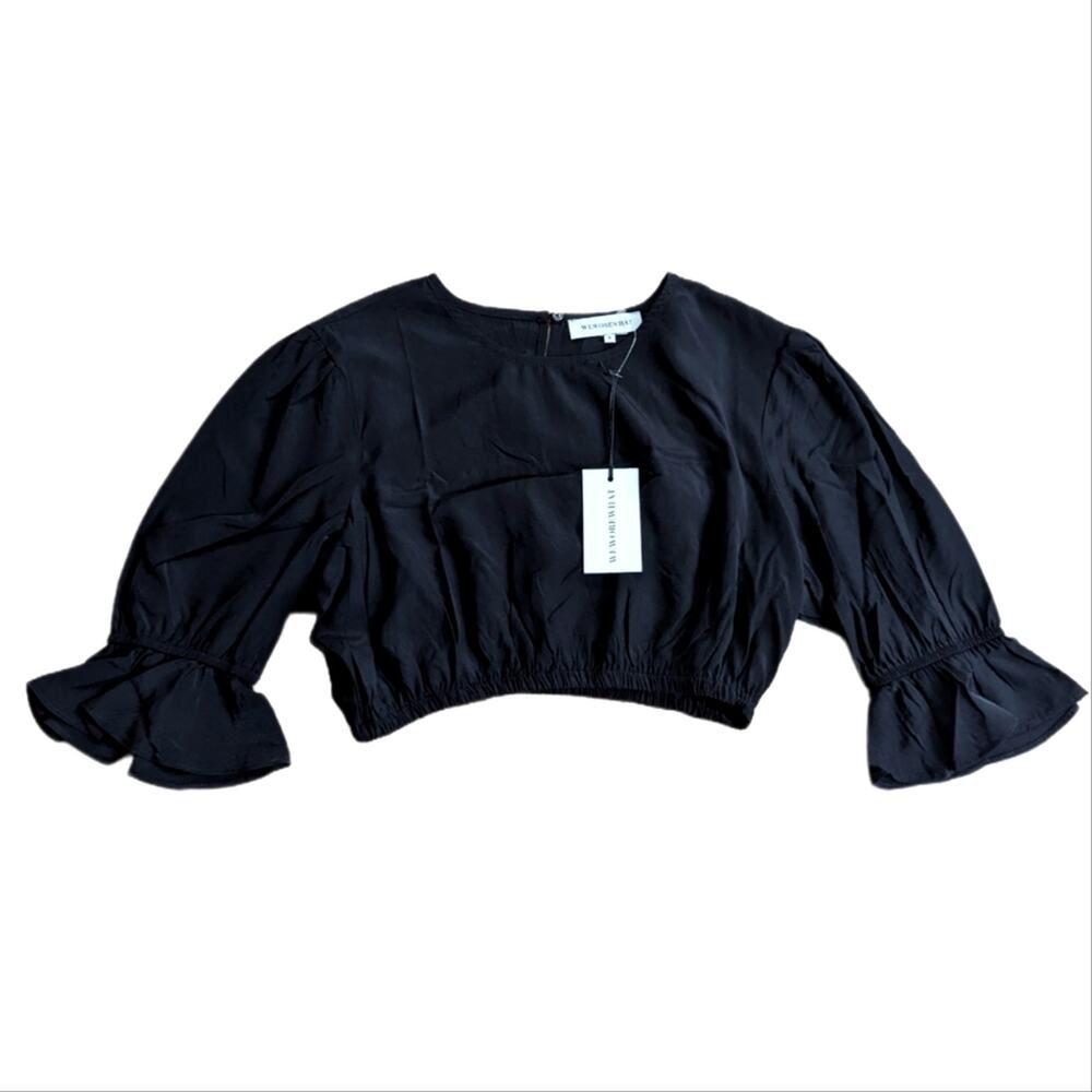 WeWoreWhat Black Poplin Viscose Flutter Bell Sleeve Keyhole Cropped Top